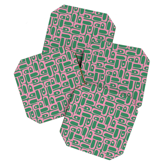 Mid Century Modern Piquet Abstract Multi Geometric Pattern in Retro Pink and Green Coaster Gallery Image 1