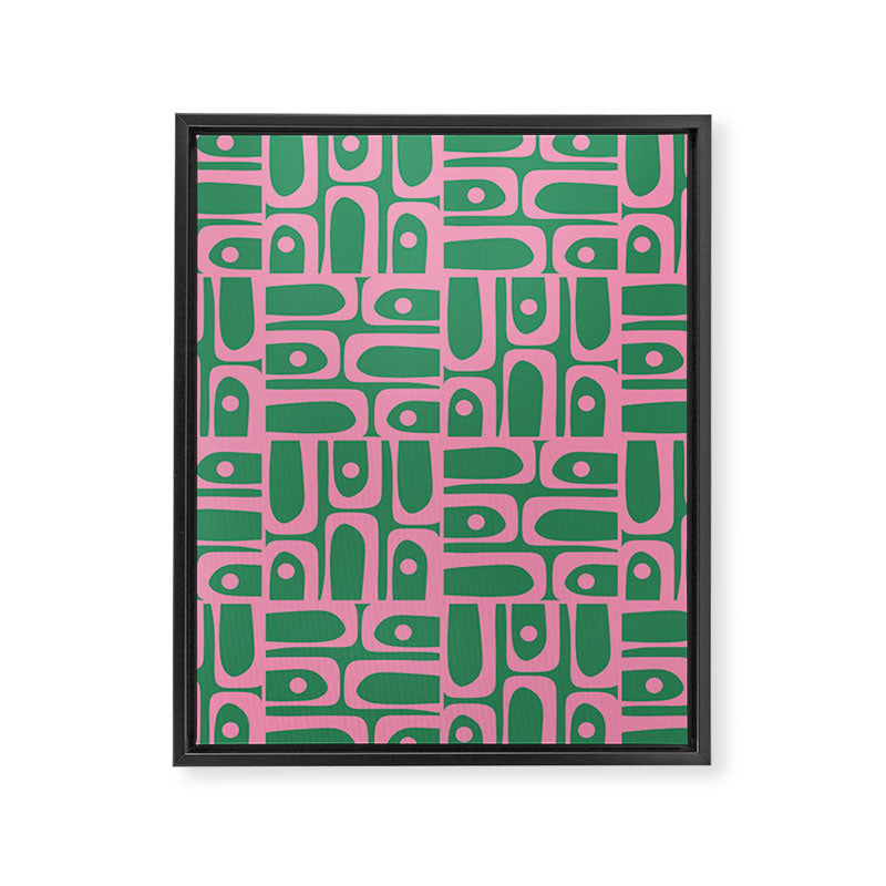 Mid Century Modern Piquet Abstract Multi Geometric Pattern in Retro Pink and Green Framed Canvas Print Gallery Image 8