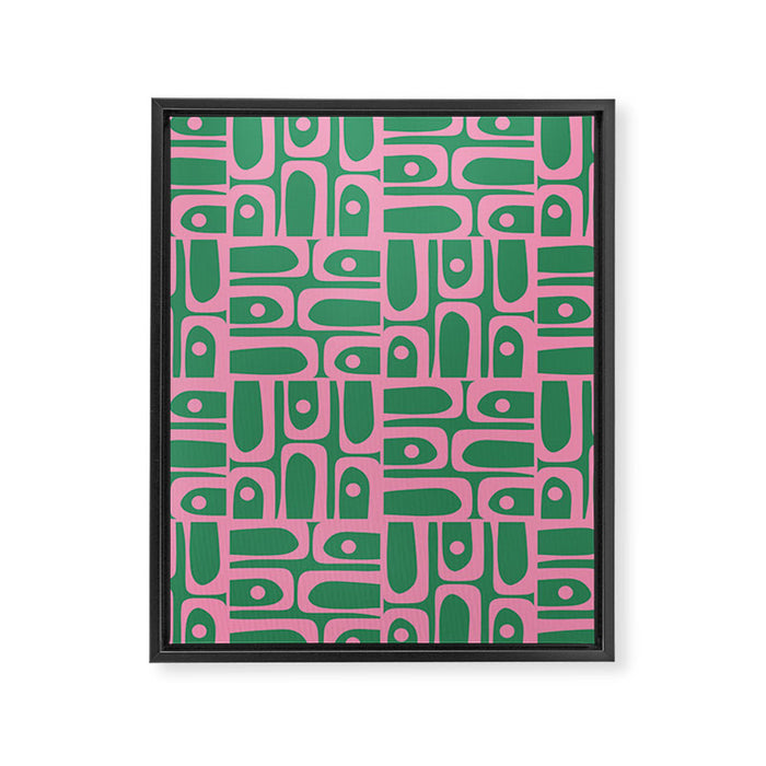 Mid Century Modern Piquet Abstract Multi Geometric Pattern in Retro Pink and Green Framed Canvas Print Gallery Image 1
