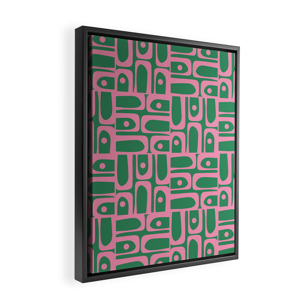 Mid Century Modern Piquet Abstract Multi Geometric Pattern in Retro Pink and Green Framed Canvas Print Gallery Image 2