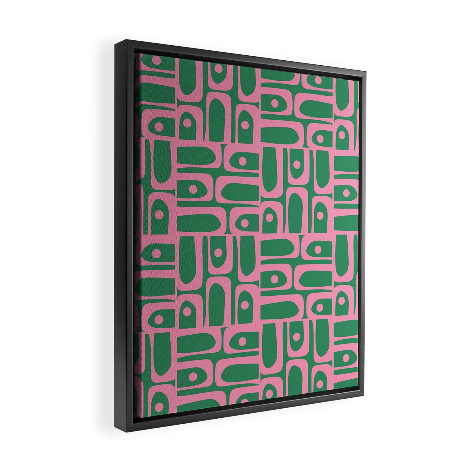 Mid Century Modern Piquet Abstract Multi Geometric Pattern in Retro Pink and Green Framed Canvas Print Gallery Image 2
