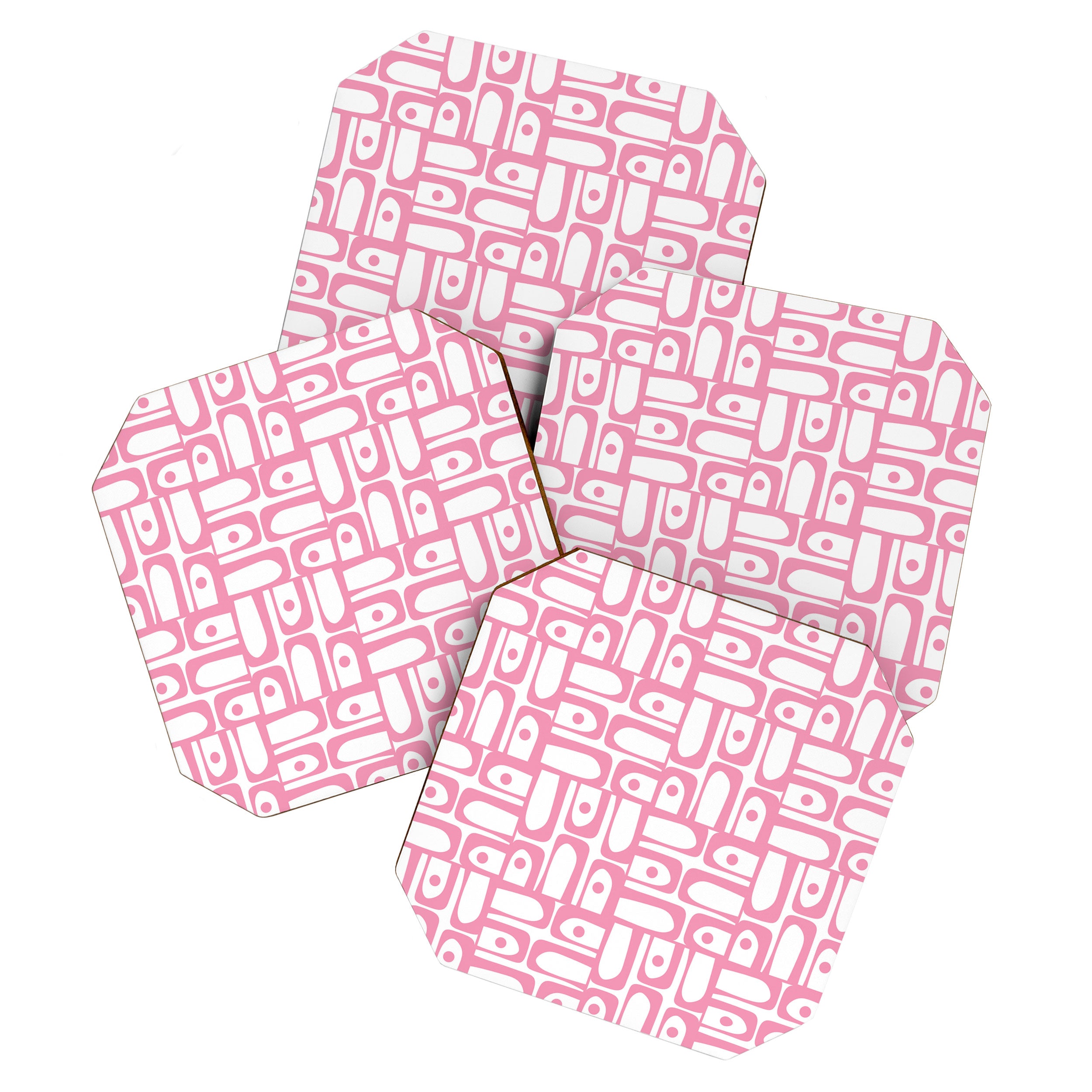 Mid Century Modern Piquet Abstract Multi Geometric Pattern in Retro Pink and White Coaster Gallery Image 1