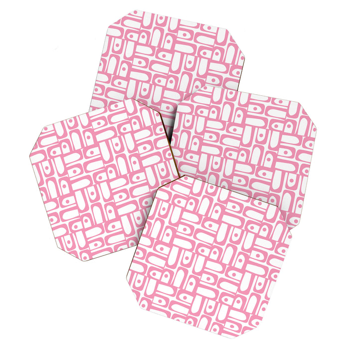 Mid Century Modern Piquet Abstract Multi Geometric Pattern in Retro Pink and White Coaster Gallery Image 1