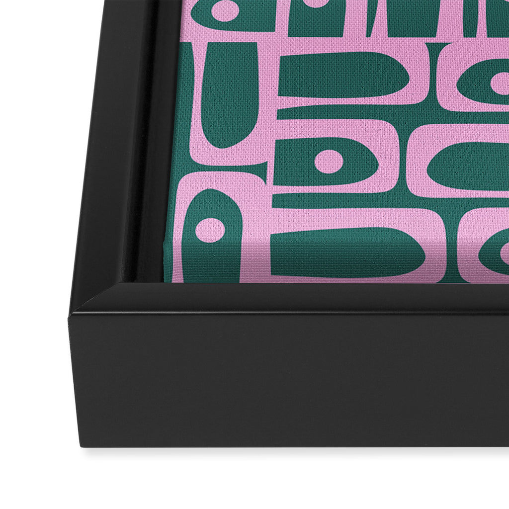 Mid Century Modern Piquet Abstract Multi Geometric Pattern in Teal Green and Pink Framed Canvas Print Gallery Image 3