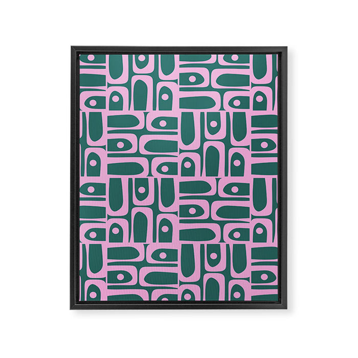 Mid Century Modern Piquet Abstract Multi Geometric Pattern in Teal Green and Pink Framed Canvas Print Gallery Image 1