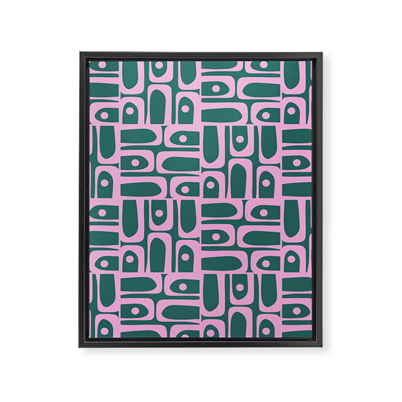 Mid Century Modern Piquet Abstract Multi Geometric Pattern in Teal Green and Pink Framed Canvas Print Gallery Image 8