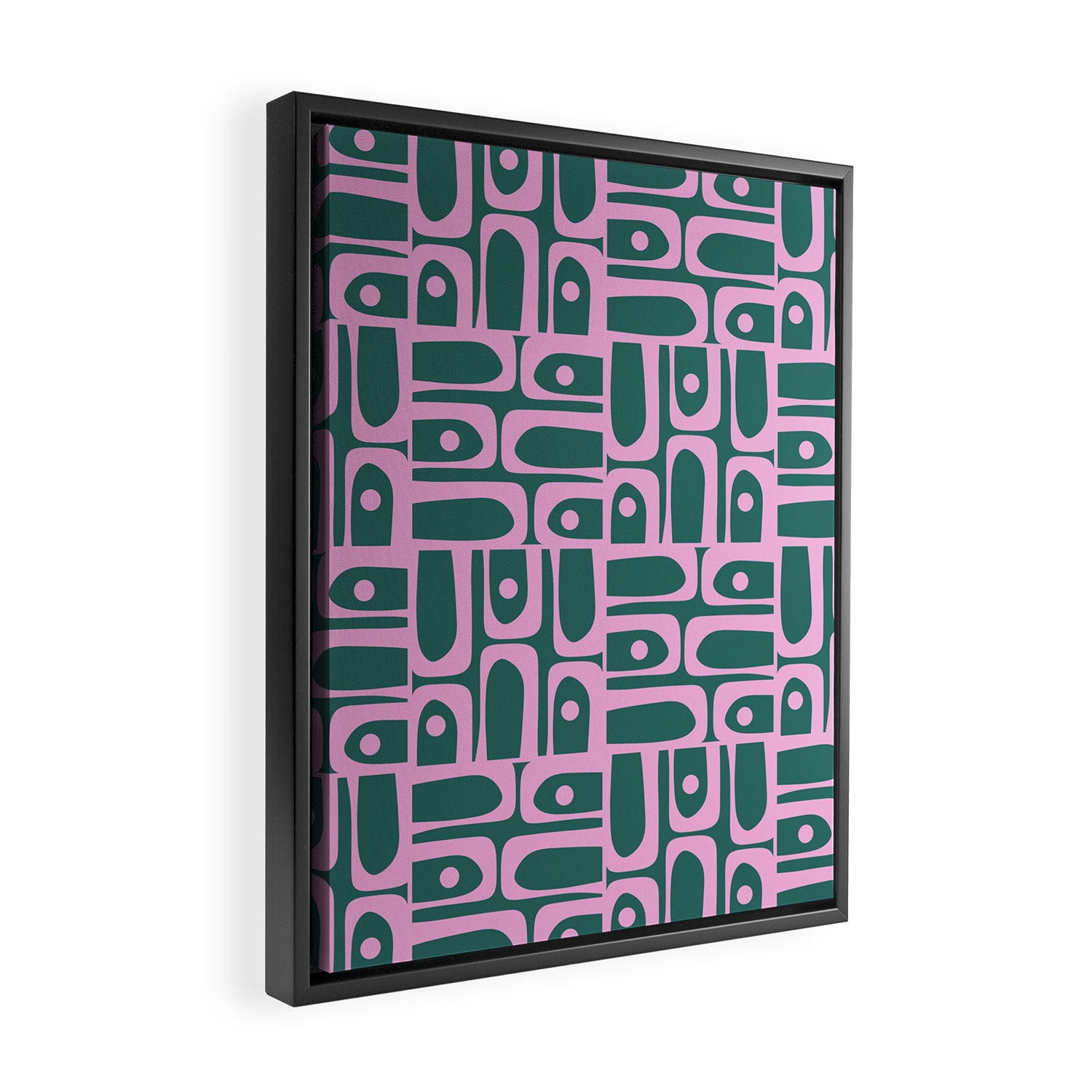 Mid Century Modern Piquet Abstract Multi Geometric Pattern in Teal Green and Pink Framed Canvas Print Gallery Image 2