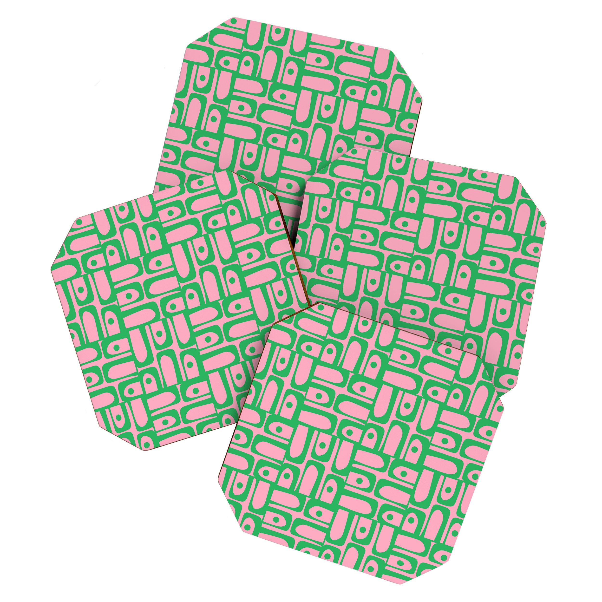 Mid Century Modern Piquet Abstract Multi Geometric Spring Green and Pink Pattern Coaster Gallery Image 1
