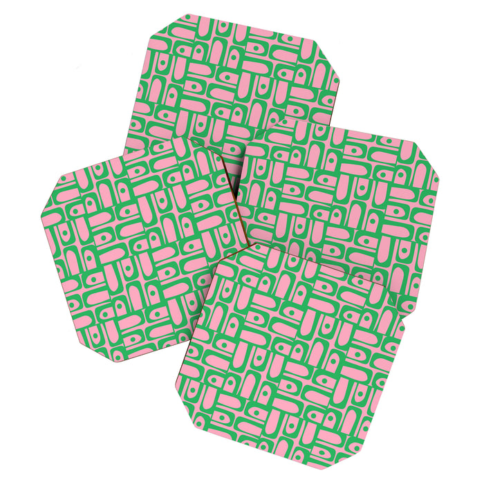 Mid Century Modern Piquet Abstract Multi Geometric Spring Green and Pink Pattern Coaster Gallery Image 1