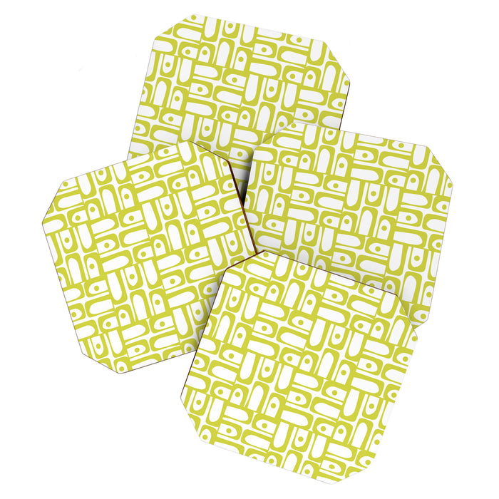 Mid Century Modern Piquet Abstract Multi Pattern Chartreuse and White Coaster Gallery Image 1