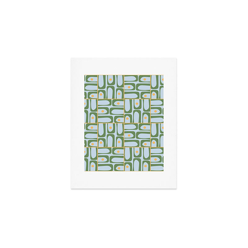 Mid Century Modern Piquet Abstract Multi Pattern Green Light Blue Yellow-Orange Art Print Gallery Image 1