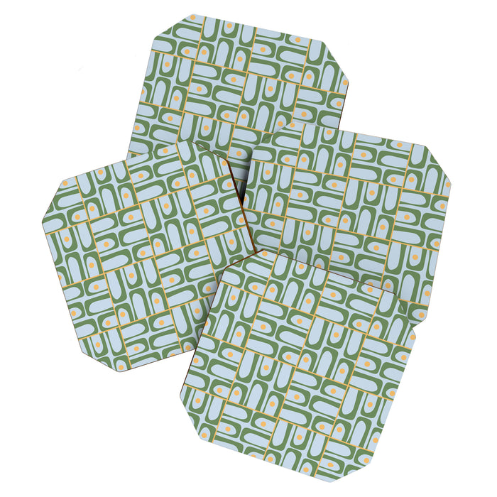 Mid Century Modern Piquet Abstract Multi Pattern Green Light Blue Yellow-Orange Coaster Gallery Image 1