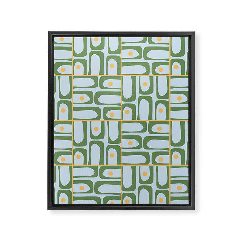 Mid Century Modern Piquet Abstract Multi Pattern Green Light Blue Yellow-Orange Framed Canvas Print Gallery Image 8