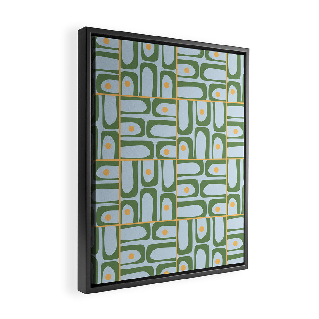 Mid Century Modern Piquet Abstract Multi Pattern Green Light Blue Yellow-Orange Framed Canvas Print Gallery Image 2