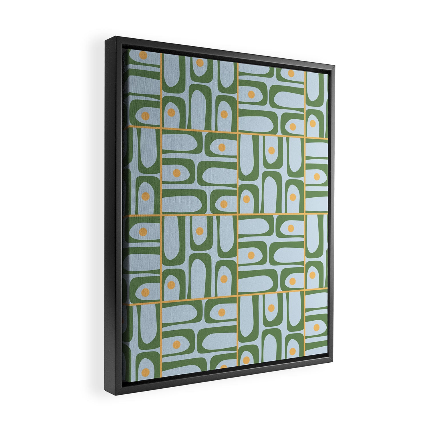 Mid Century Modern Piquet Abstract Multi Pattern Green Light Blue Yellow-Orange Framed Canvas Print Gallery Image 2