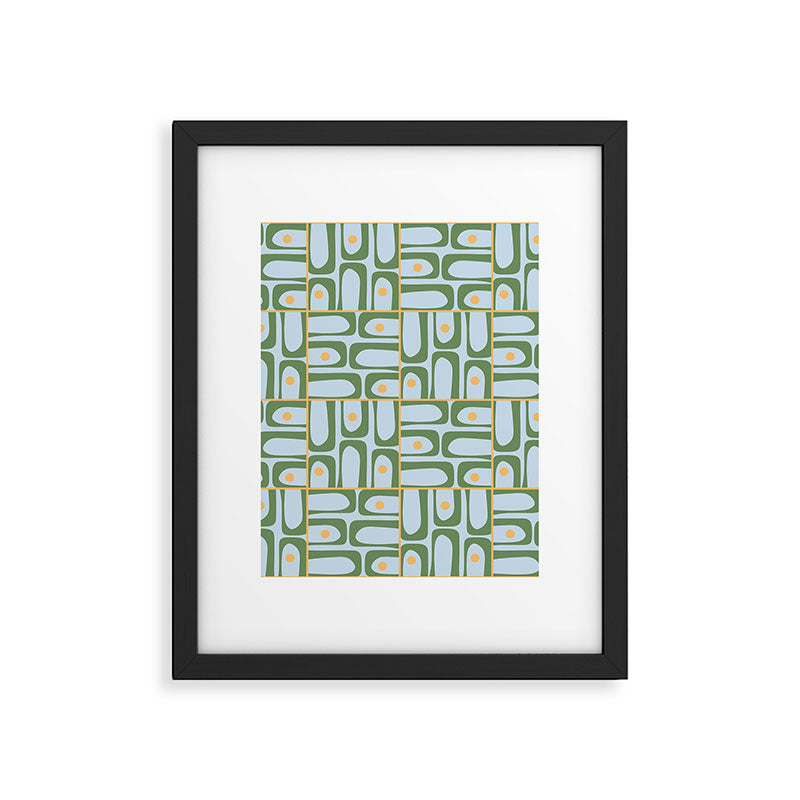 Mid Century Modern Piquet Abstract Multi Pattern Green Light Blue Yellow-Orange Framed Art Print Gallery Image 6