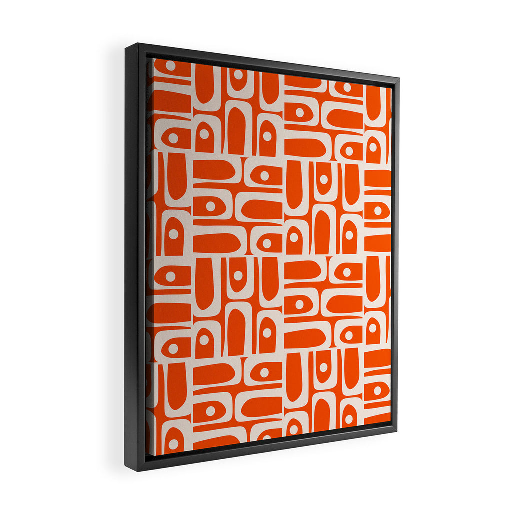 Mid Century Modern Piquet Abstract Multi Pattern in 70s Tangerine Orange and Cream Beige Framed Canvas Print Gallery Image 2