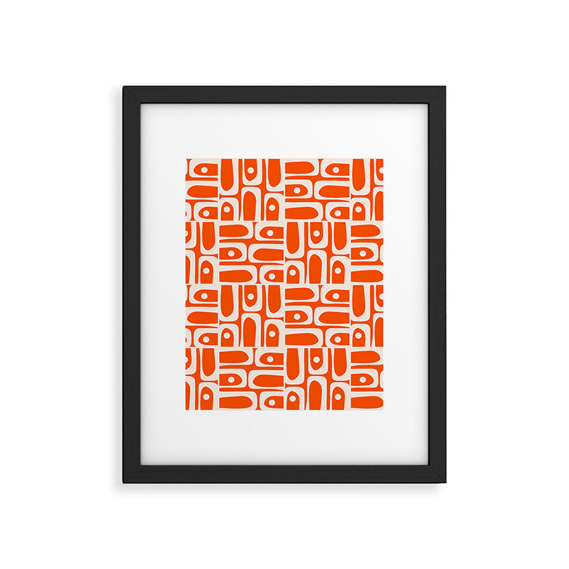 Mid Century Modern Piquet Abstract Multi Pattern in 70s Tangerine Orange and Cream Beige Framed Art Print Gallery Image 6