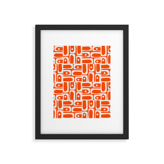 Mid Century Modern Piquet Abstract Multi Pattern in 70s Tangerine Orange and Cream Beige Framed Art Print Gallery Image 1
