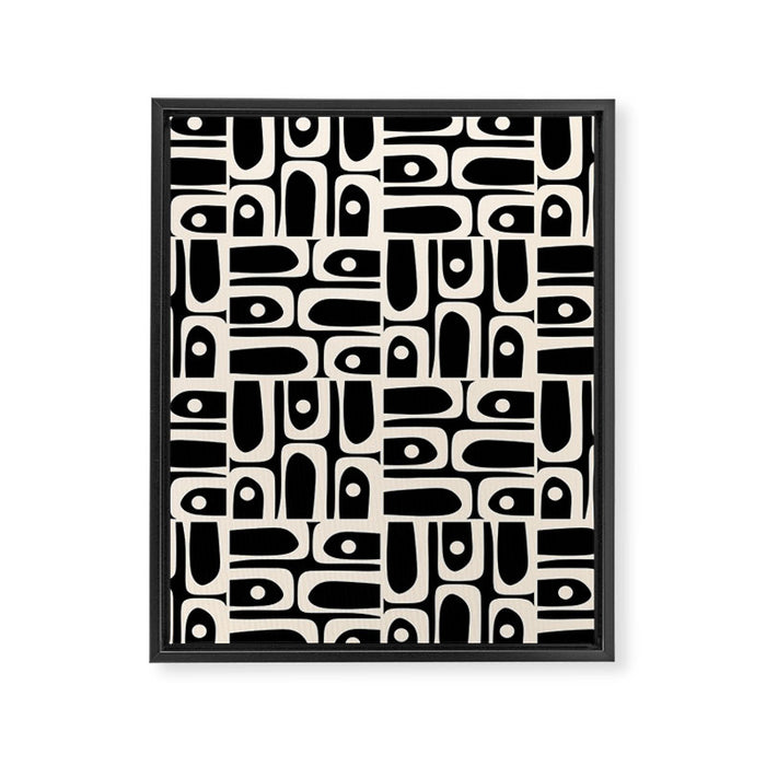 Mid Century Modern Piquet Abstract Multi Pattern in Black and Almond Cream Framed Canvas Print Gallery Image 1