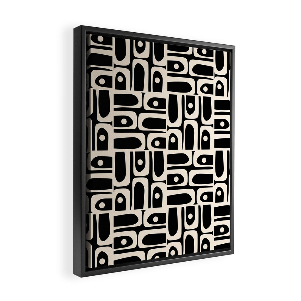 Mid Century Modern Piquet Abstract Multi Pattern in Black and Almond Cream Framed Canvas Print Gallery Image 2