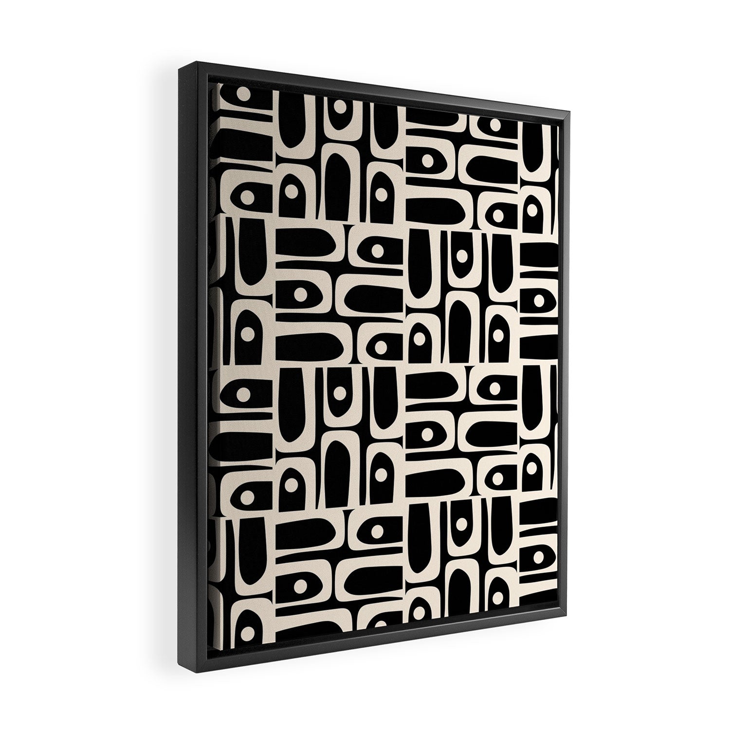 Mid Century Modern Piquet Abstract Multi Pattern in Black and Almond Cream Framed Canvas Print Gallery Image 2