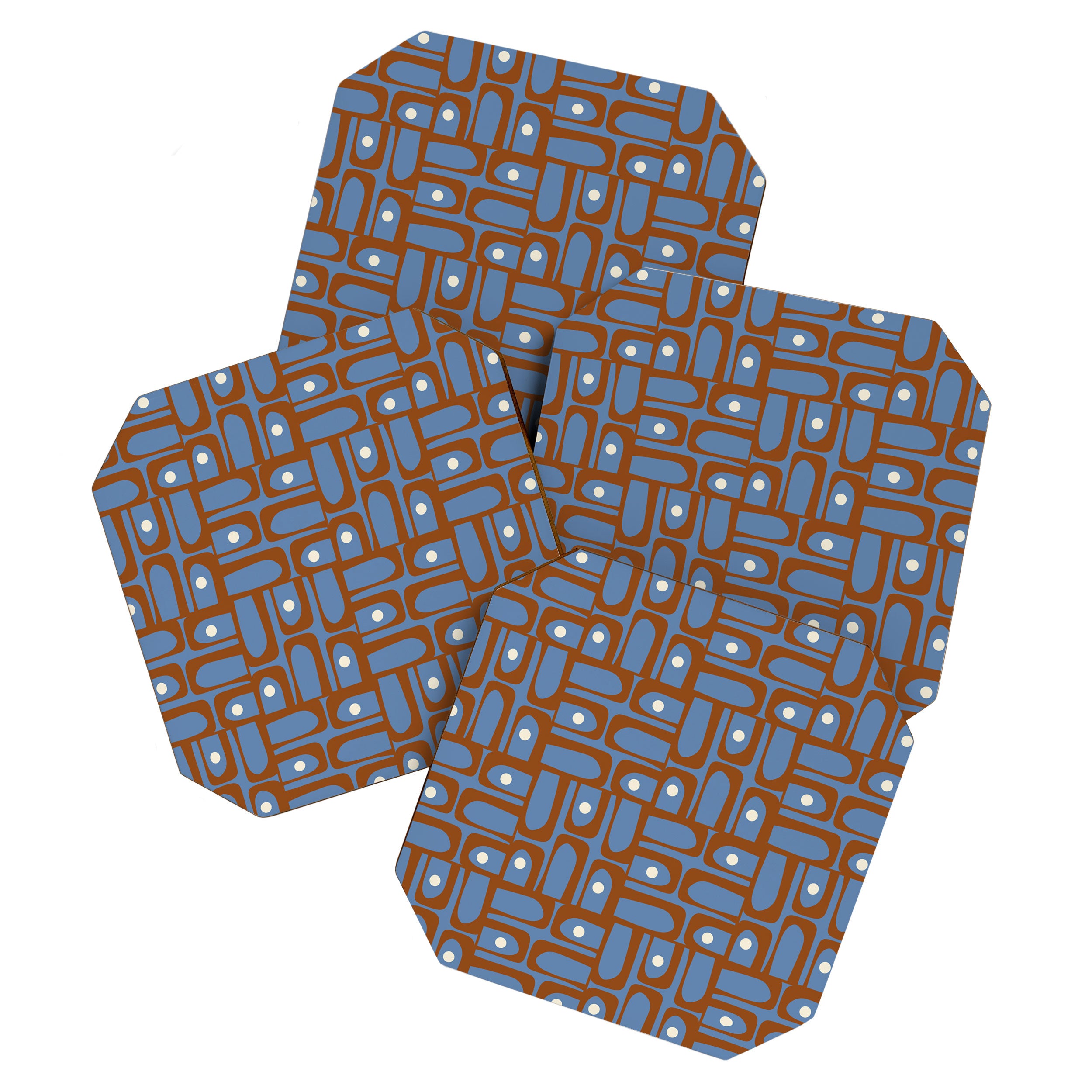 Mid Century Modern Piquet Abstract Multi Pattern in Blue and Brown Coaster Gallery Image 1