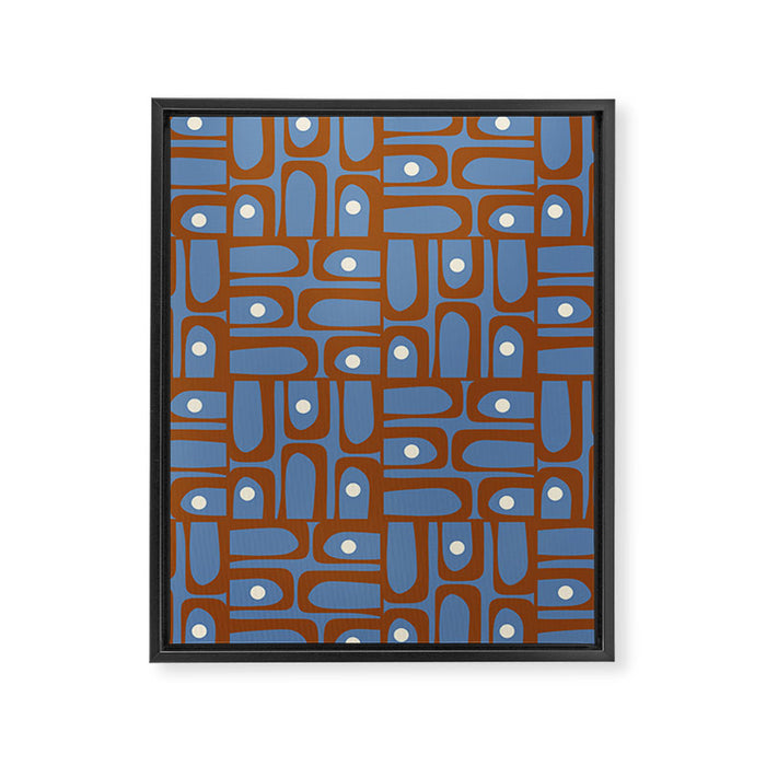 Mid Century Modern Piquet Abstract Multi Pattern in Blue and Brown Framed Canvas Print Gallery Image 1