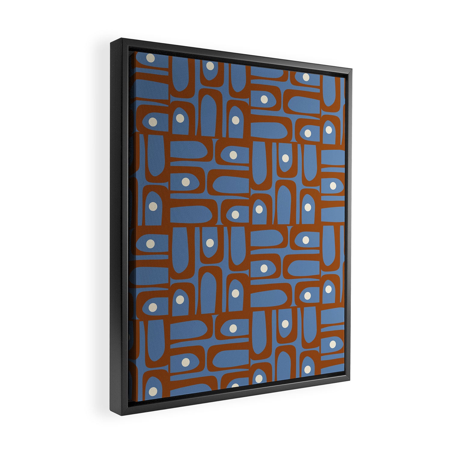Mid Century Modern Piquet Abstract Multi Pattern in Blue and Brown Framed Canvas Print Gallery Image 2