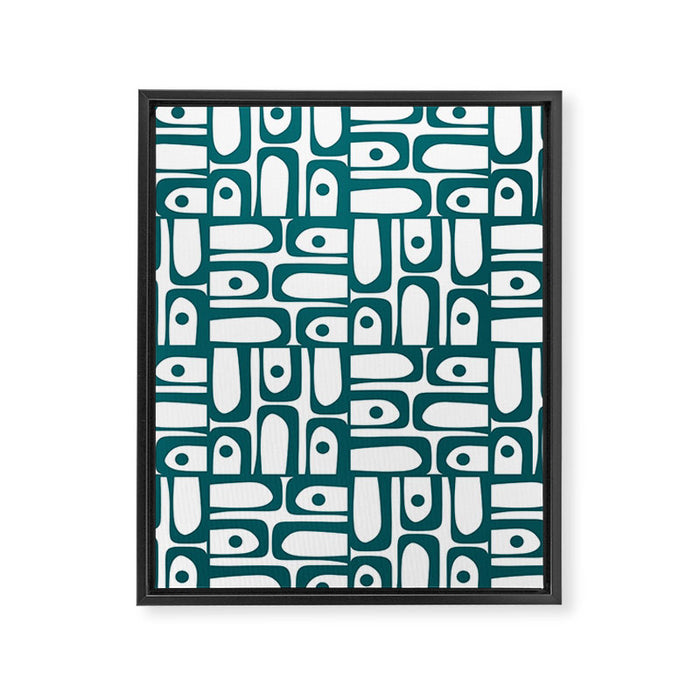 Mid Century Modern Piquet Abstract Multi Pattern in Deep Teal Marine Green-Blue and White Framed Canvas Print Gallery Image 1