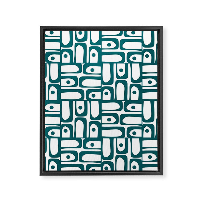 Mid Century Modern Piquet Abstract Multi Pattern in Deep Teal Marine Green-Blue and White Framed Canvas Print Gallery Image 8