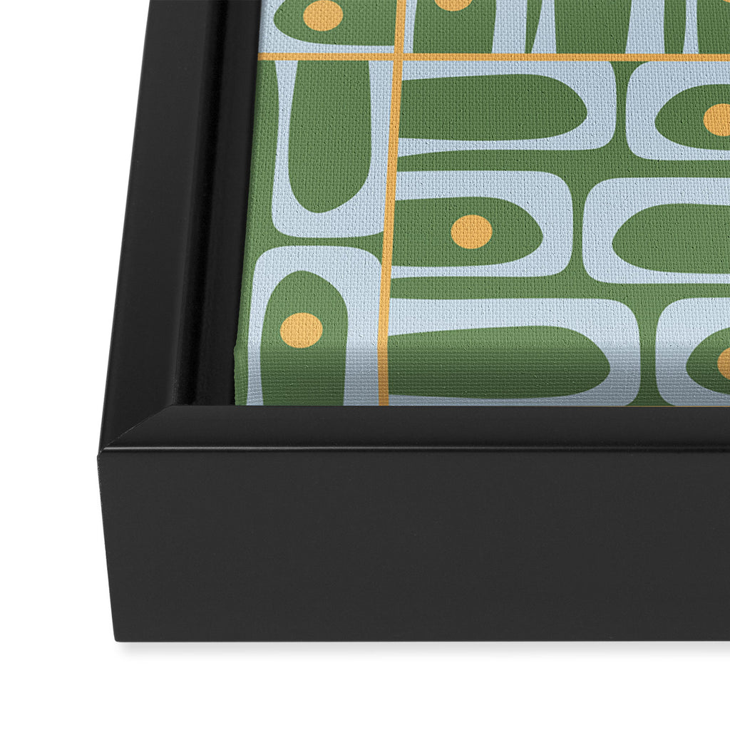 Mid Century Modern Piquet Abstract Multi Pattern in Green Light Blue Yellow-Orange Framed Canvas Print Gallery Image 3