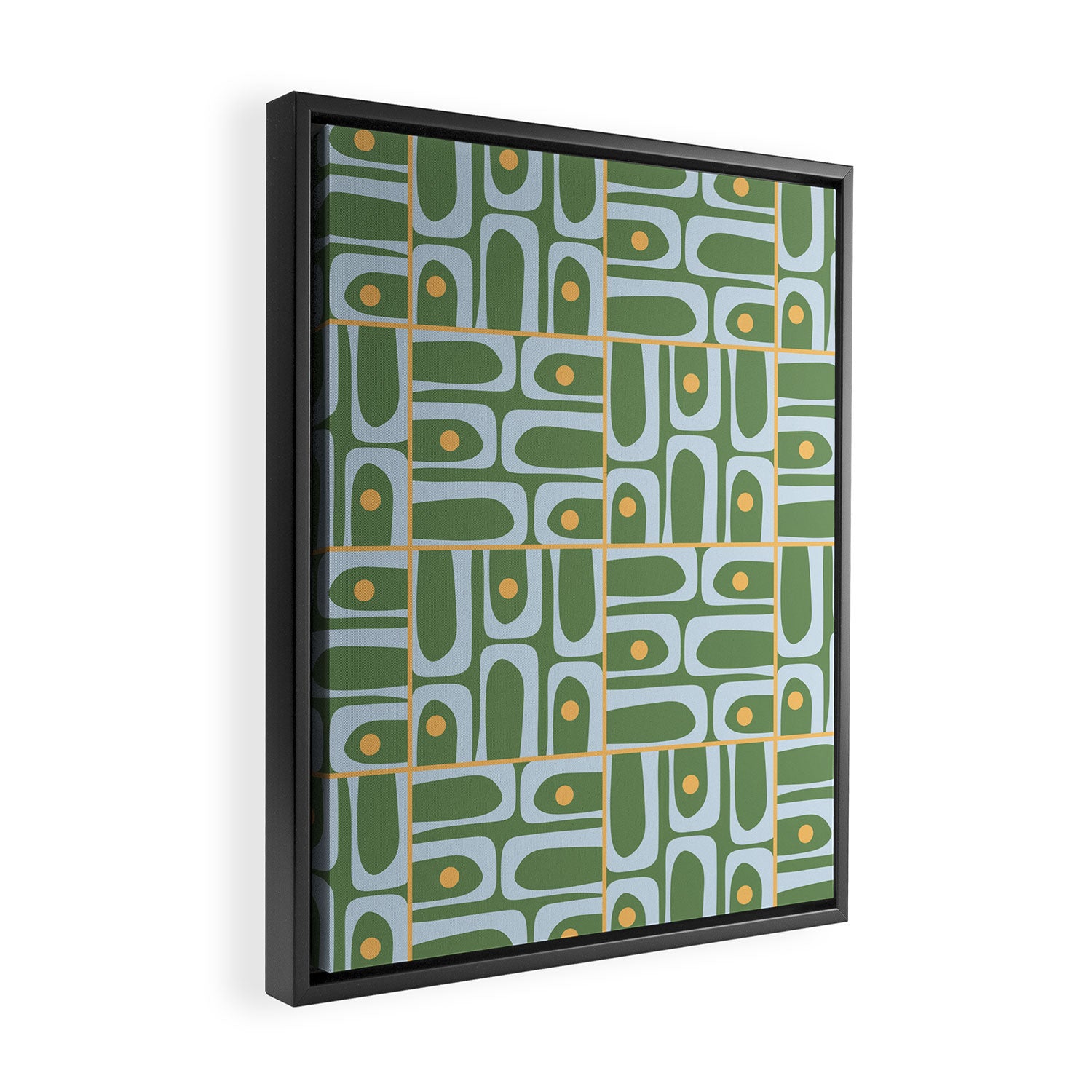 Mid Century Modern Piquet Abstract Multi Pattern in Green Light Blue Yellow-Orange Framed Canvas Print Gallery Image 2