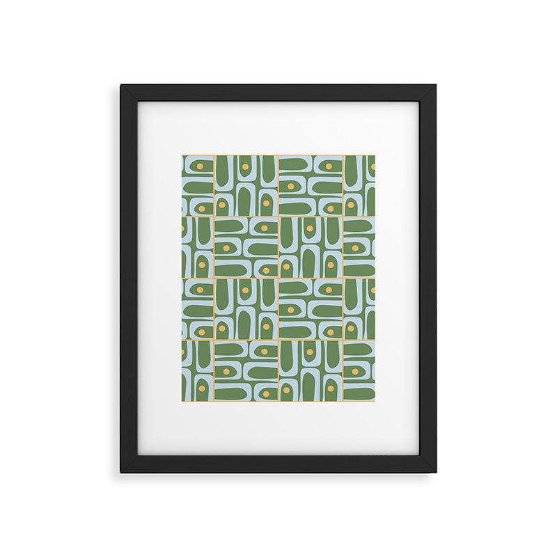 Mid Century Modern Piquet Abstract Multi Pattern in Green Light Blue Yellow-Orange Framed Art Print Gallery Image 6