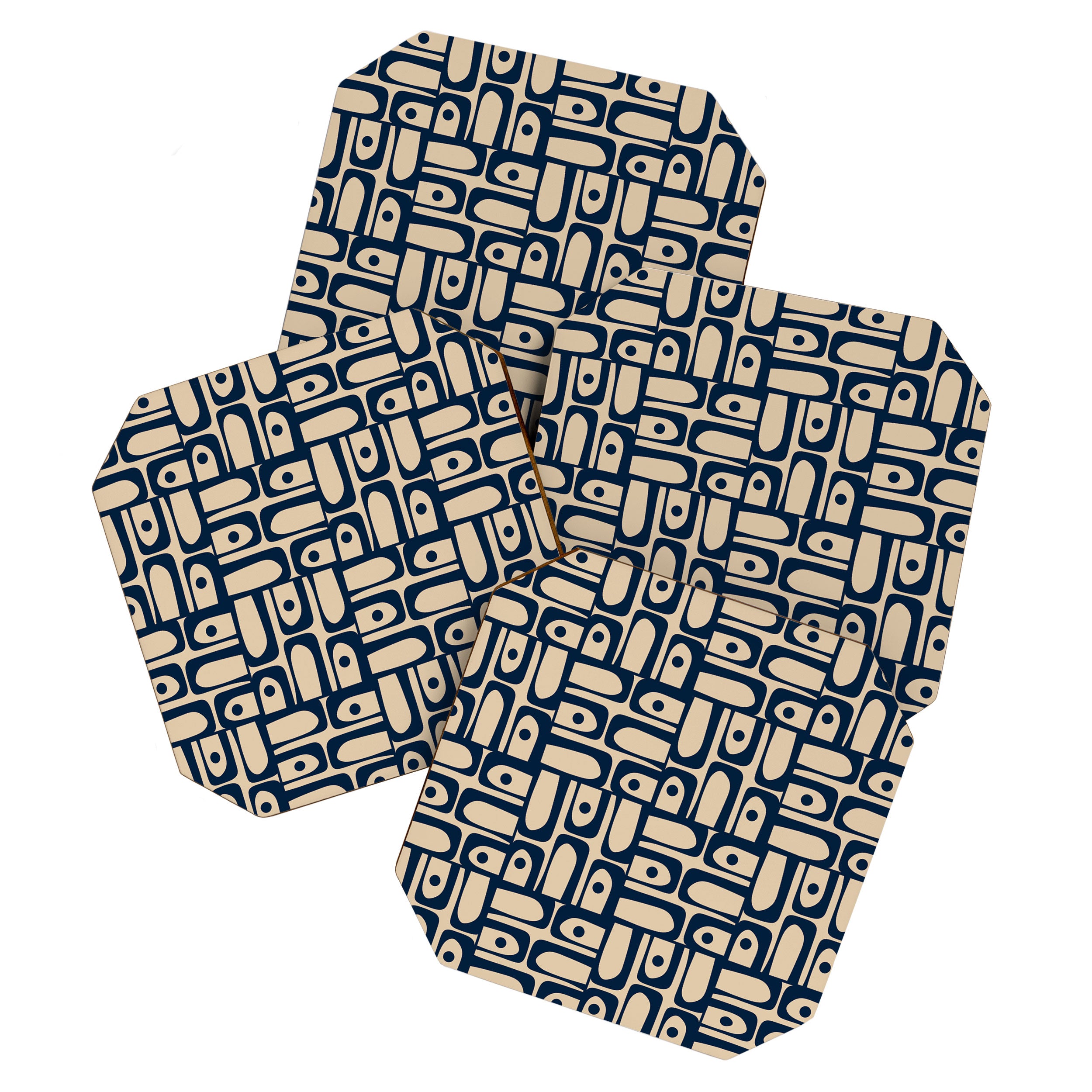 Mid Century Modern Piquet Abstract Multi Pattern in Mid Mod Navy Blue and Beige Coaster Gallery Image 1