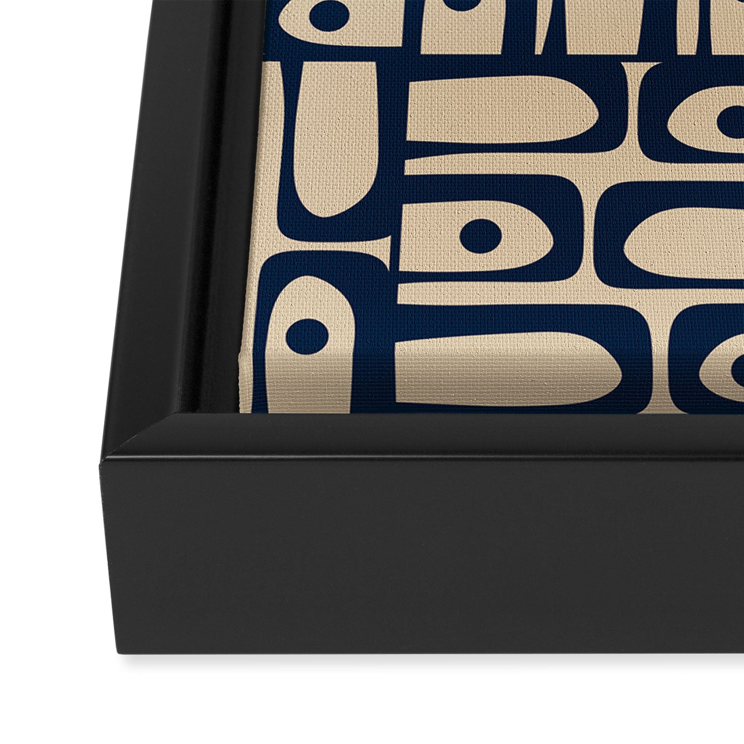 Mid Century Modern Piquet Abstract Multi Pattern in Mid Mod Navy Blue and Beige Framed Canvas Print Gallery Image 3