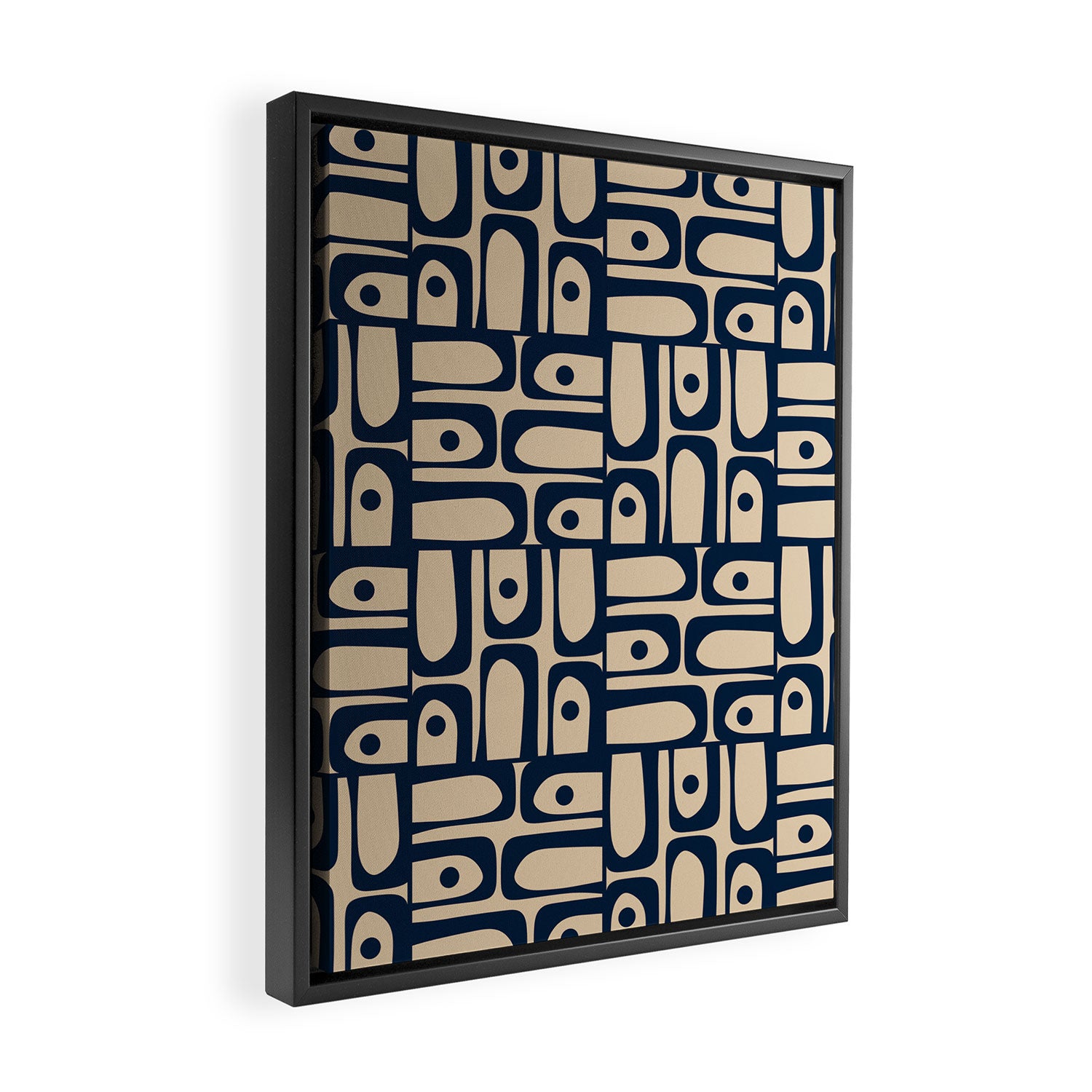 Mid Century Modern Piquet Abstract Multi Pattern in Mid Mod Navy Blue and Beige Framed Canvas Print Gallery Image 2