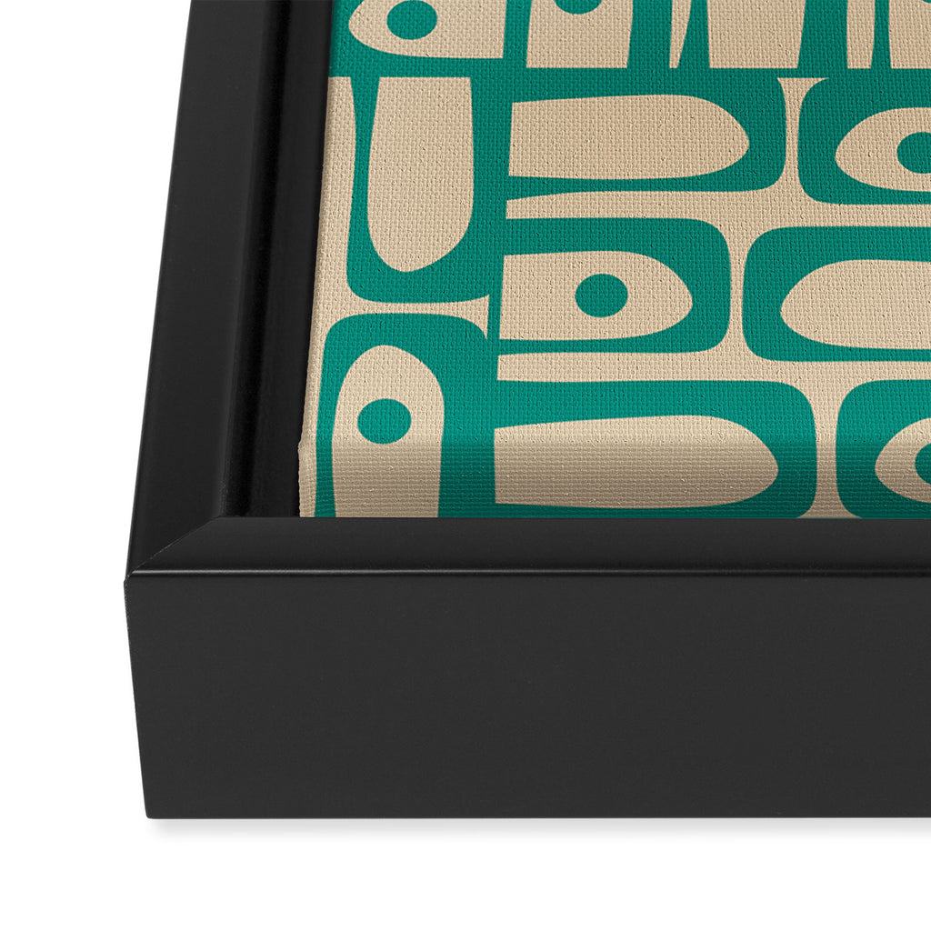 Mid Century Modern Piquet Abstract Multi Pattern in Mid Mod Teal Turquoise and Beige Framed Canvas Print Gallery Image 3