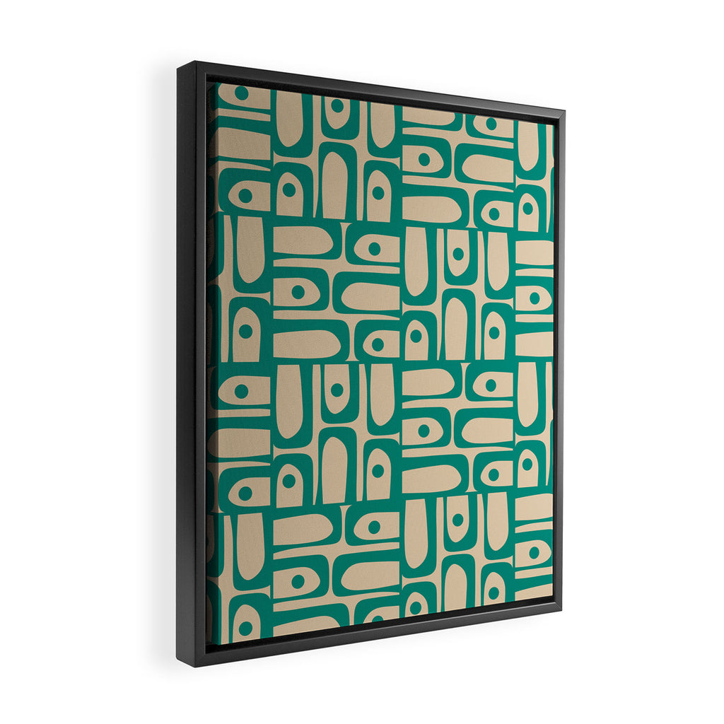 Mid Century Modern Piquet Abstract Multi Pattern in Mid Mod Teal Turquoise and Beige Framed Canvas Print Gallery Image 2