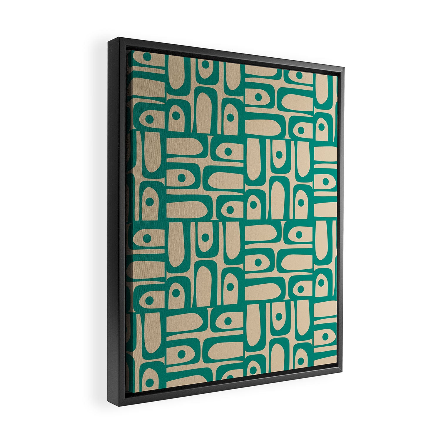 Mid Century Modern Piquet Abstract Multi Pattern in Mid Mod Teal Turquoise and Beige Framed Canvas Print Gallery Image 2