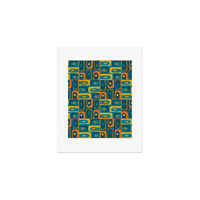 Mid Century Modern Piquet Abstract Multi Pattern in Moroccan Blue Teal Orange Olive Mustard Art Print Gallery Image 1
