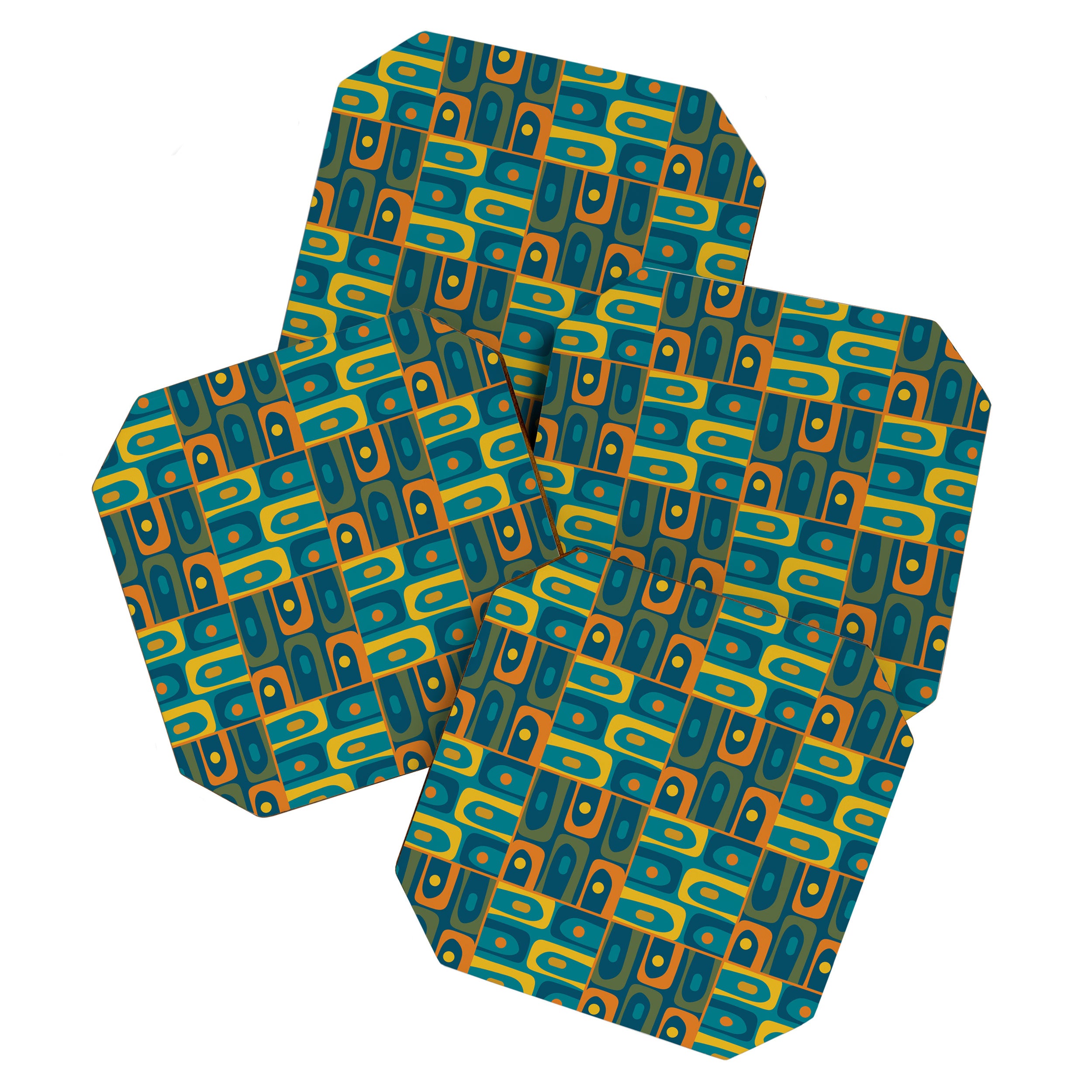 Mid Century Modern Piquet Abstract Multi Pattern in Moroccan Blue Teal Orange Olive Mustard Coaster Gallery Image 1