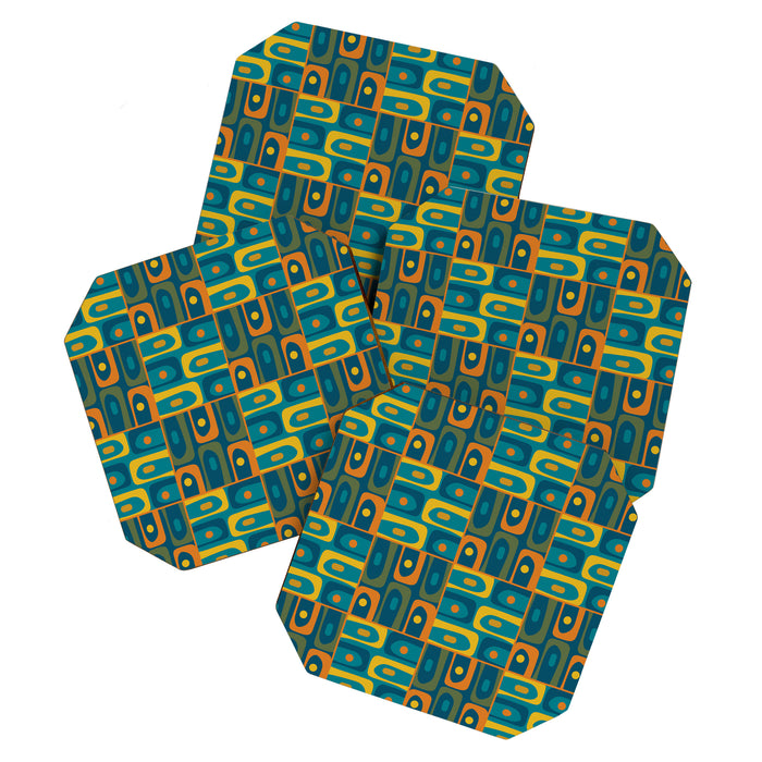 Mid Century Modern Piquet Abstract Multi Pattern in Moroccan Blue Teal Orange Olive Mustard Coaster Gallery Image 1