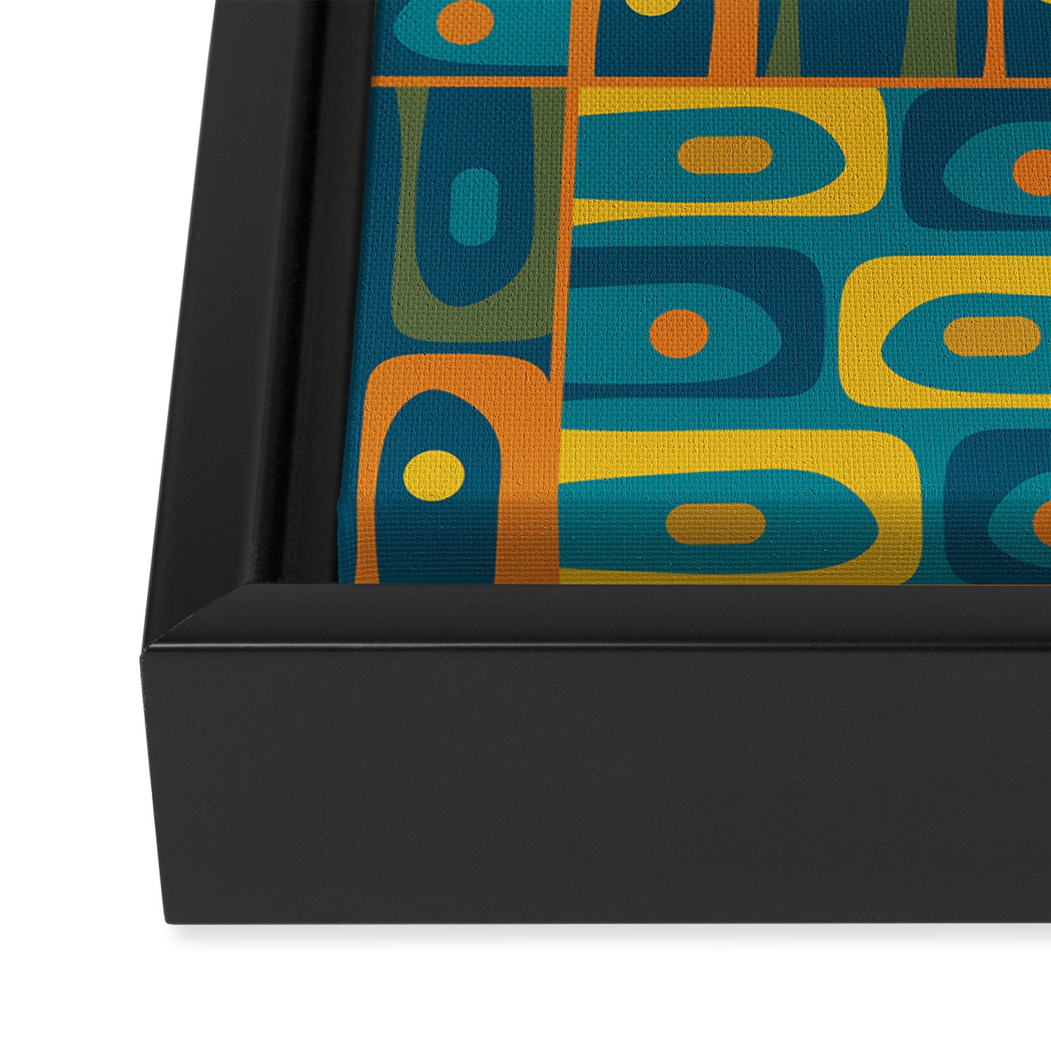 Mid Century Modern Piquet Abstract Multi Pattern in Moroccan Blue Teal Orange Olive Mustard Framed Canvas Print Gallery Image 3