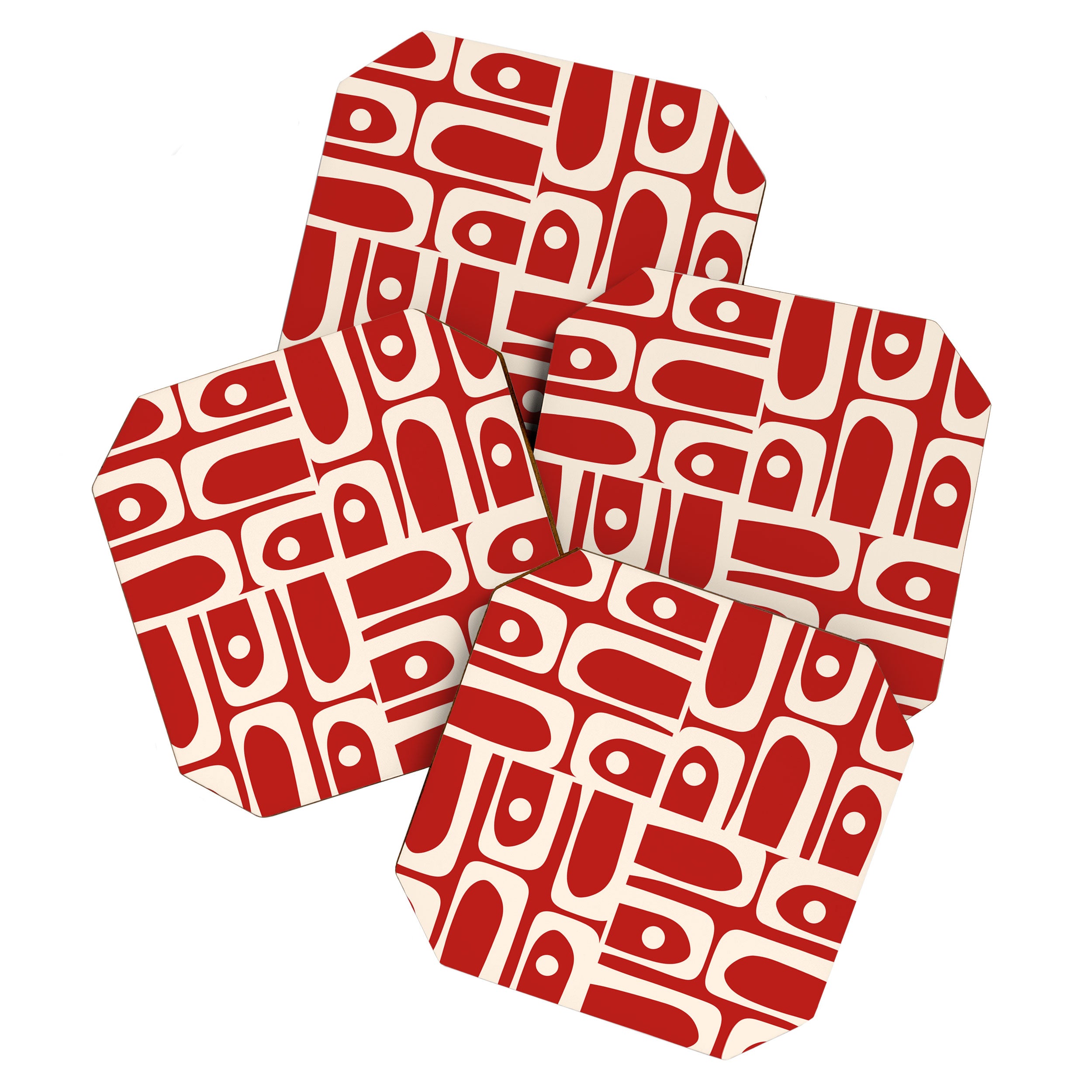 Mid Century Modern Piquet Abstract Multi Pattern in Red and Cream Coaster Gallery Image 1