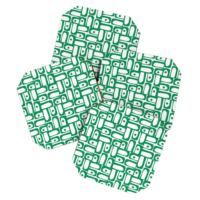 Mid Century Modern Piquet Abstract Multi Pattern Kelly Green and White Coaster Gallery Image 1