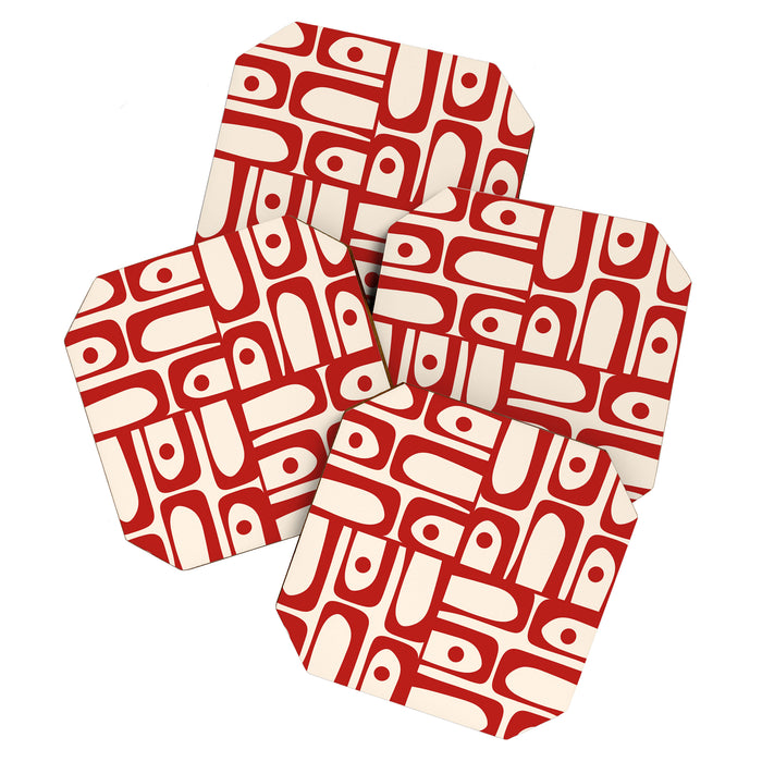 Mid Century Modern Piquet Abstract Multi Red and Cream Pattern Coaster Gallery Image 1