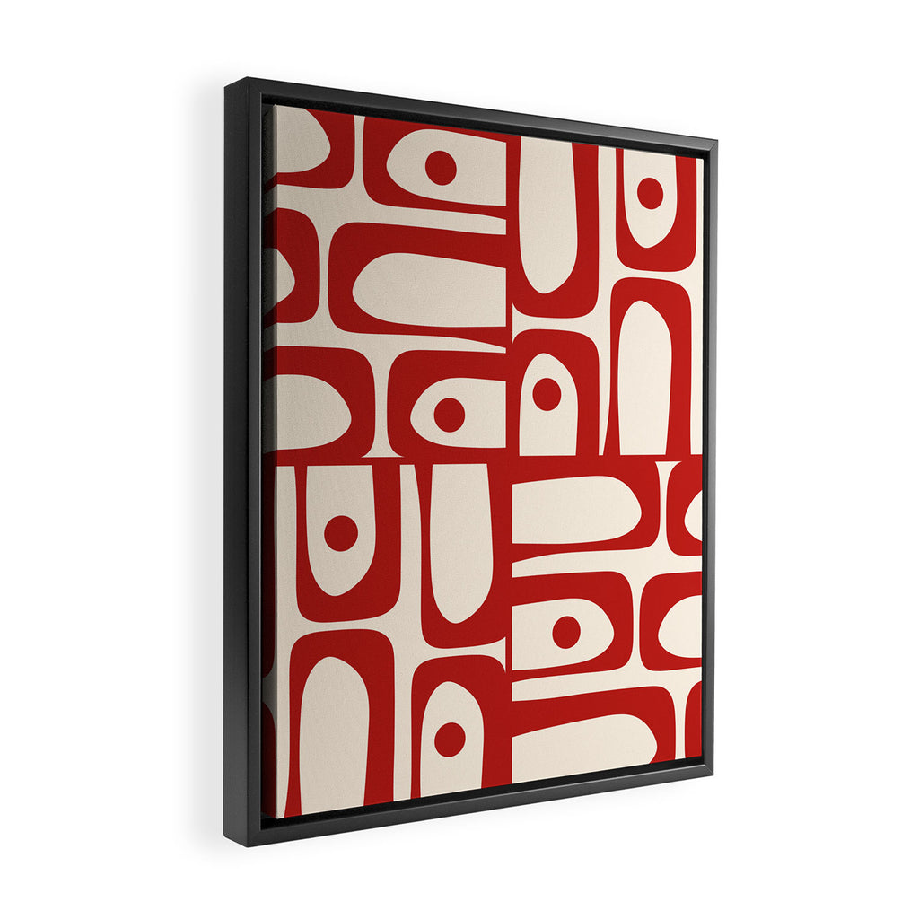 Mid Century Modern Piquet Abstract Multi Red and Cream Pattern Framed Canvas Print Gallery Image 2