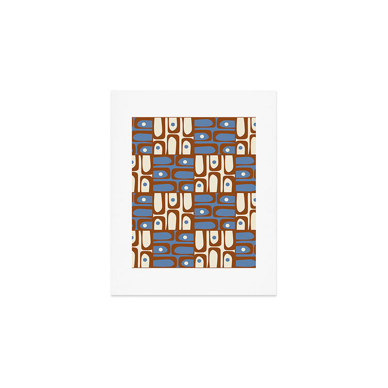 Mid Century Modern Piquet Abstract Multi Retro Brown and Blue Pattern Art Print Gallery Image 1