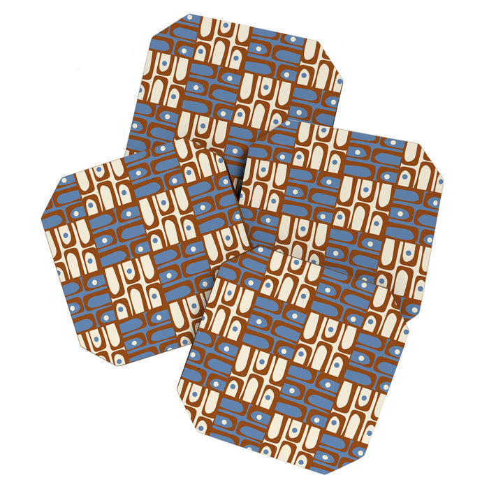 Mid Century Modern Piquet Abstract Multi Retro Brown and Blue Pattern Coaster Gallery Image 1